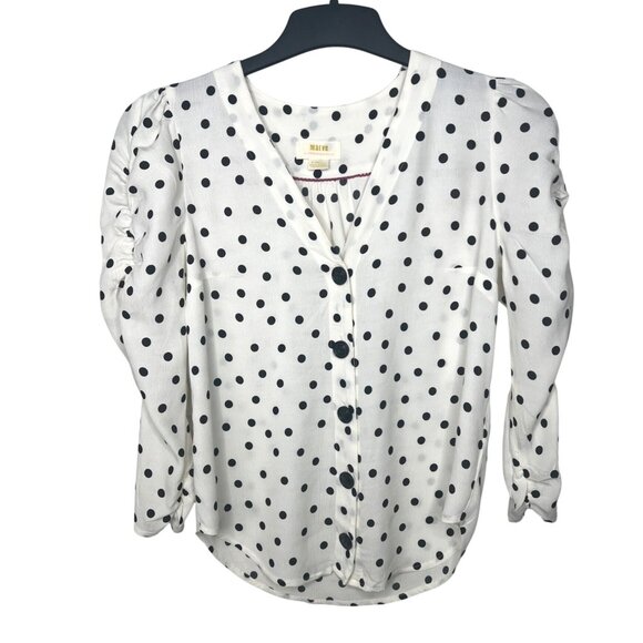 Maeve By Anthropologie Jourdain Blouse Polka Dot Ruched Sleeve Button Down X-S - Picture 15 of 15